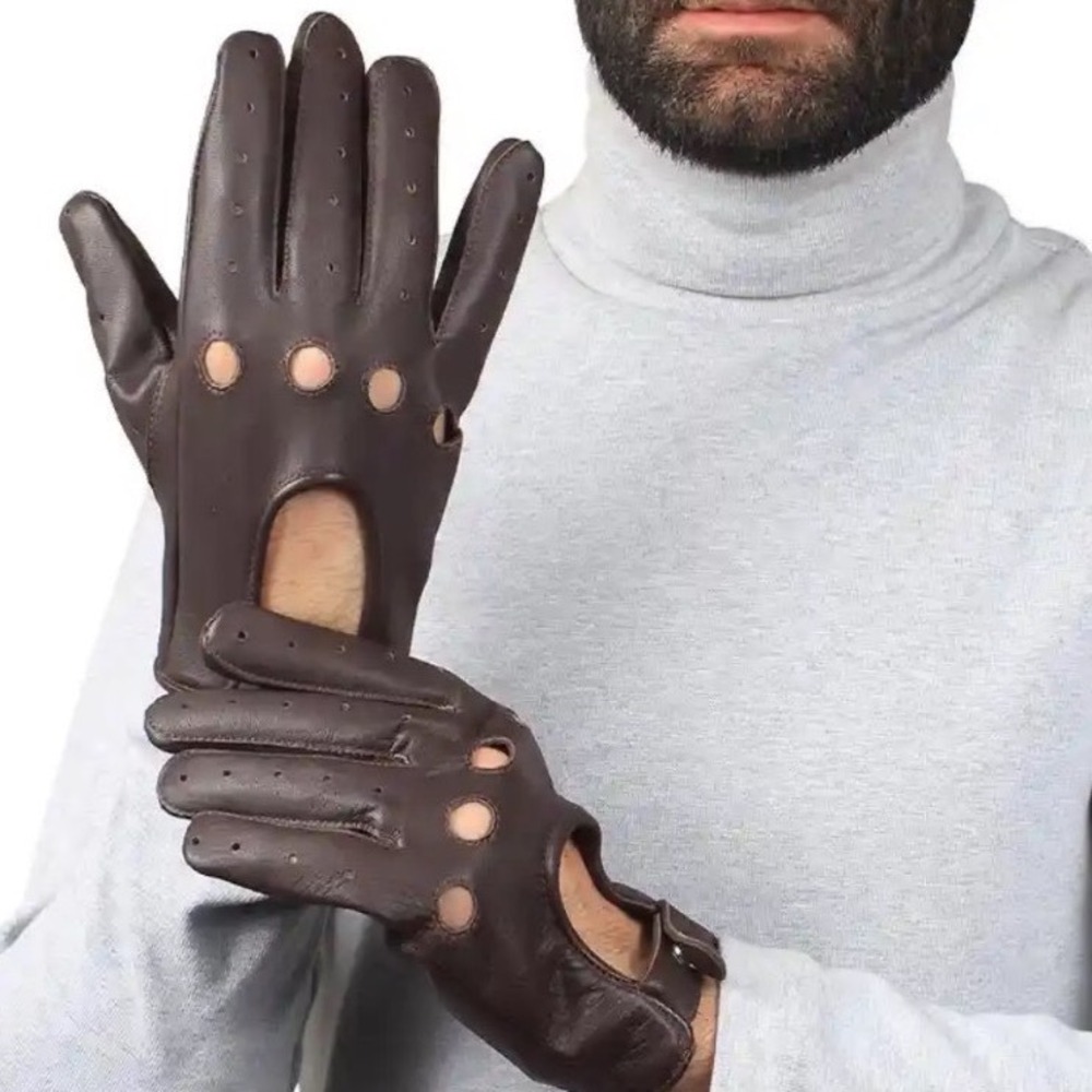 Coach Mens Dark Brown Leather Driving Gloves Knuckle Cutouts Size L NWT 2020 BRN